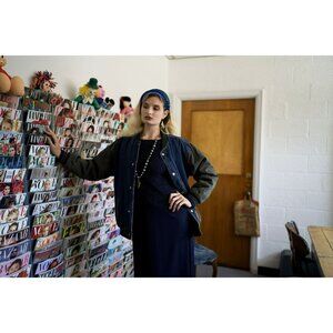 Faded Glory Boys Denim Bomber Varsity Jacket L Authentic Outerwear 1972 Green Sl